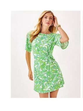 Lilly Pulitzer Green & White Printed Midi Dress with Front Knot